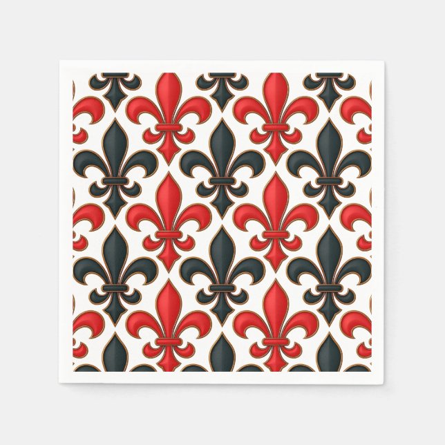 Red Black Baroque Fleur-de-lis Pattern Design  Napkin (Front)