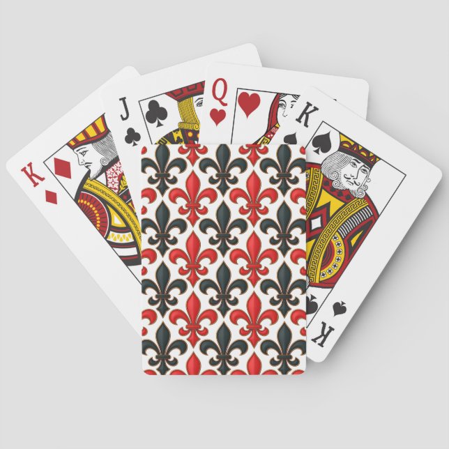 Red Black Baroque Fleur-de-lis Pattern Design  Playing Cards (Back)