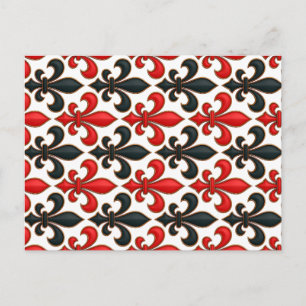 Red Black Baroque Fleur-de-lis Pattern Design Postcard