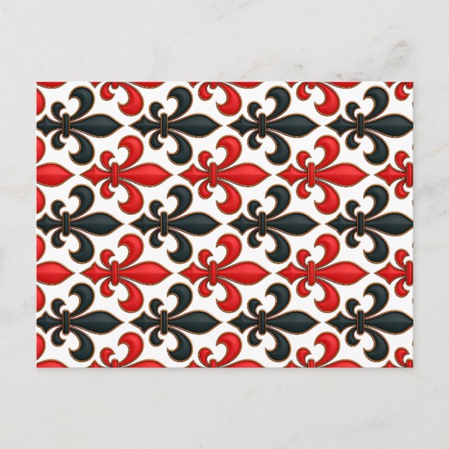 Red Black Baroque Fleur-de-lis Pattern Design  Postcard (Front)