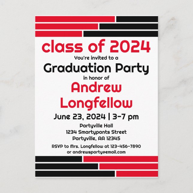 Red & Black Bars Graduation Party Invitation Postcard (Front)