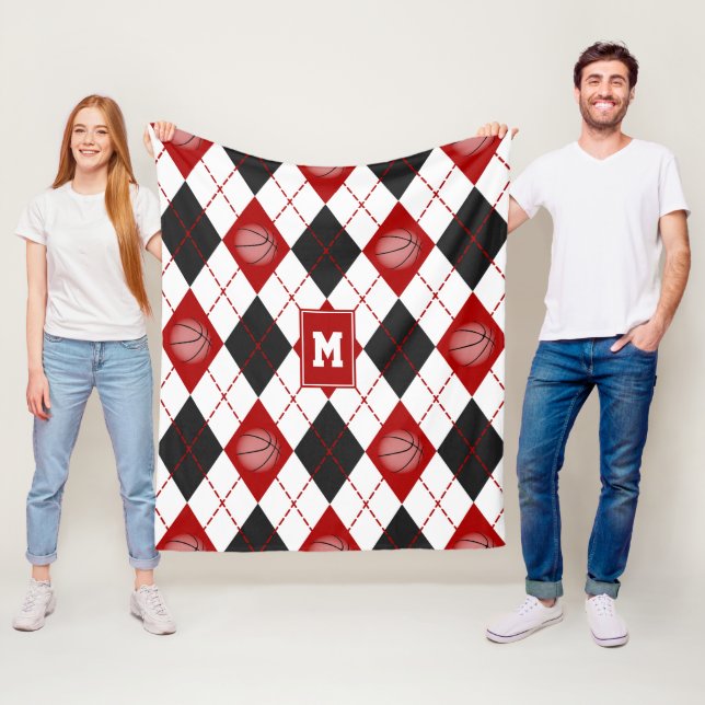 red black basketball team colours argyle fleece blanket (In Situ)