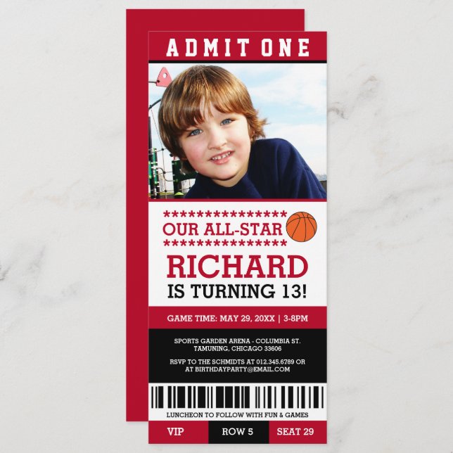Red & Black Basketball Ticket Birthday Invites (Front/Back)