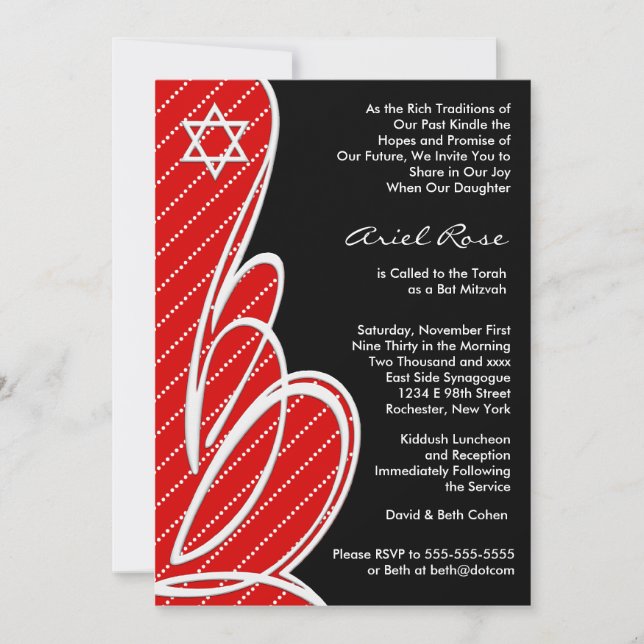 Red Black Bat Mitzvah Invitation (Front)