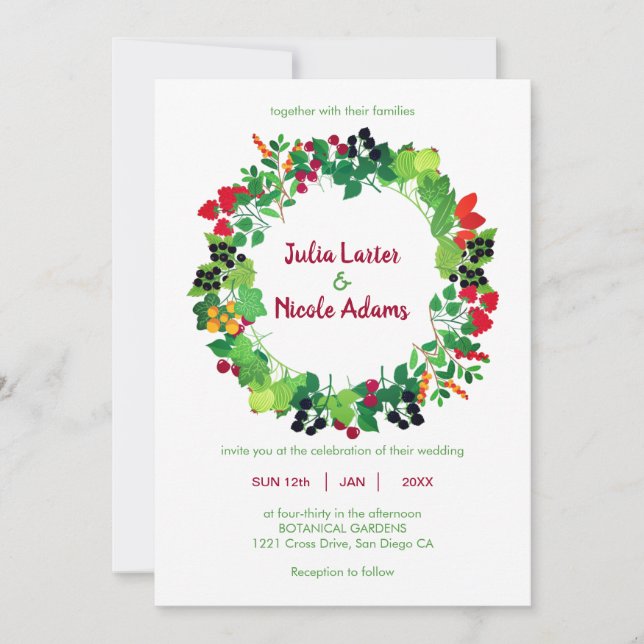 Red Black Berries Fruits Flowers Botanical Wedding Invitation (Front)