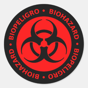 Red & Black Bilingual Biohazard Symbol Sticker