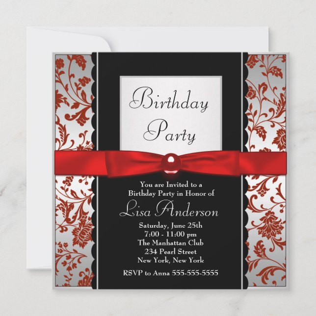 Red & Black Bow Tie Damask Birthday Party Invitation (Front)