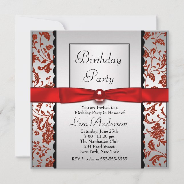 Red & Black Bow Tie Damask Birthday Party Invitation (Front)