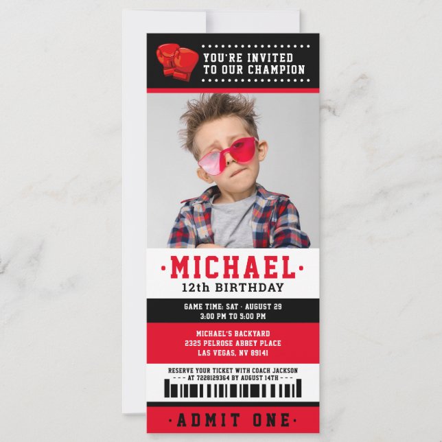 Red black Boxing Ticket Birthday Photo Invitation (Front)