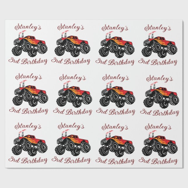 Red Black Boys' Birthday Monster Truck Birthday  Wrapping Paper (Flat)