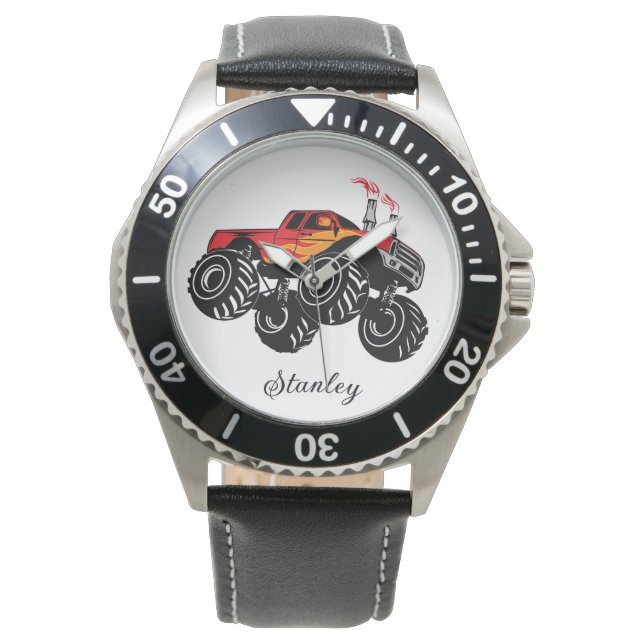 Red & Black Boys' Name Personalised Monster Truck Watch (Front)