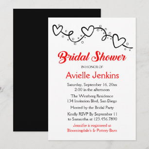 Red & Black Bridal Shower Hearts Wedding Invitation