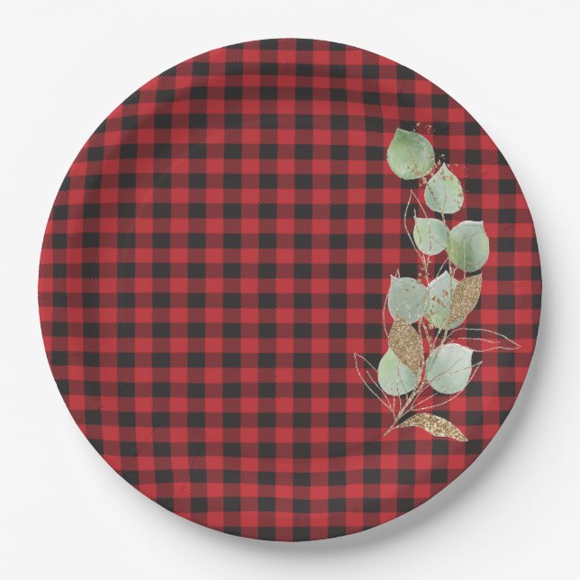 Red Black Buffalo Check Glitter Sage Botanical  Paper Plate (Front)