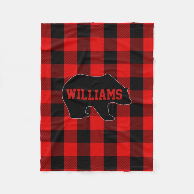 Red Black Buffalo Check Lumberjack Bear Monogram Fleece Blanket (Front)