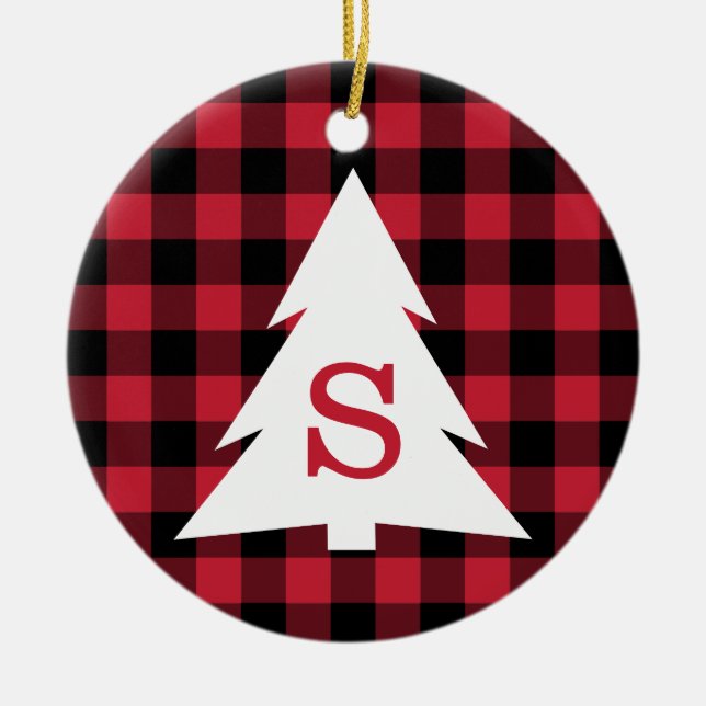 Red Black Buffalo Check Monogram Christmas Tree Ceramic Tree Decoration (Front)