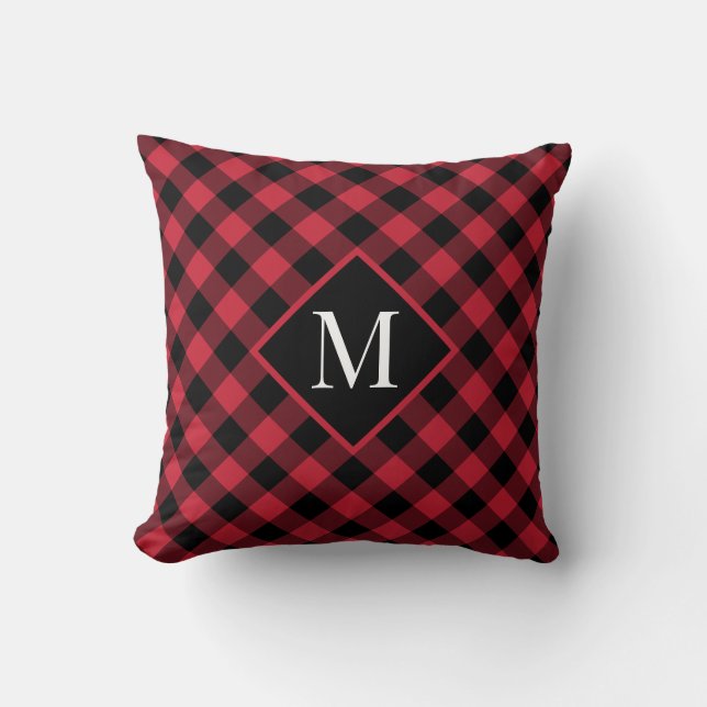 Red Black Buffalo Check Pattern Modern Monogram Cushion (Front)