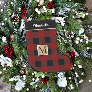 Red Black Buffalo Check Plaid Brown Monogram Small Christmas Stocking