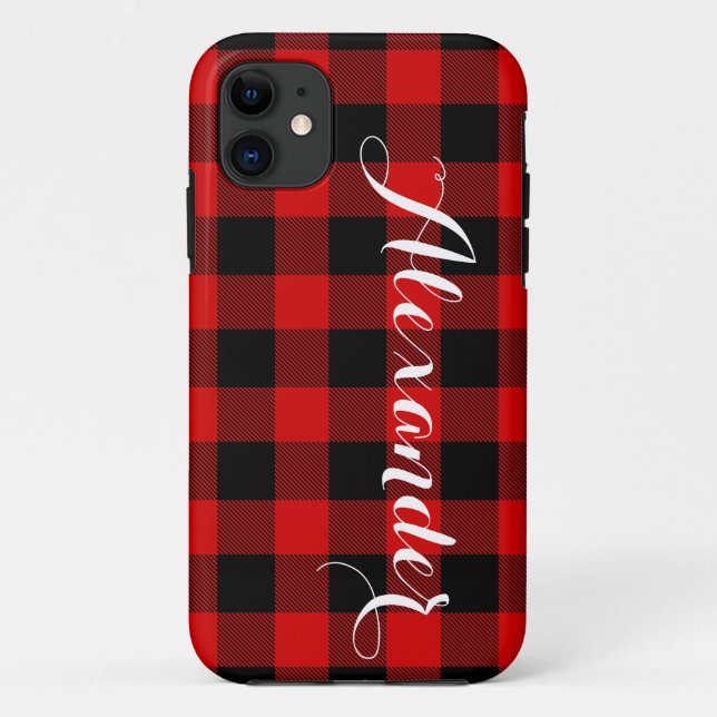 Red Black Buffalo Check Plaid Name Monogram NL Case-Mate iPhone Case (Back)