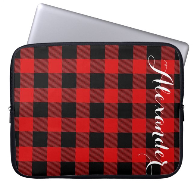 Red Black Buffalo Check Plaid Name Monogram NL Laptop Sleeve (Front)