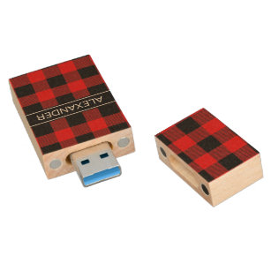 Red Black Buffalo Check Plaid Name Monogram Wood USB Flash Drive