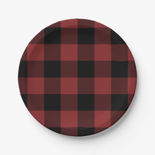 Red Black Buffalo Check Plaid Paper Plate (Front)