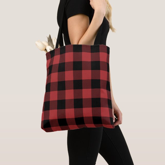 Red Black Buffalo Check Plaid Tote Bag (Close Up)