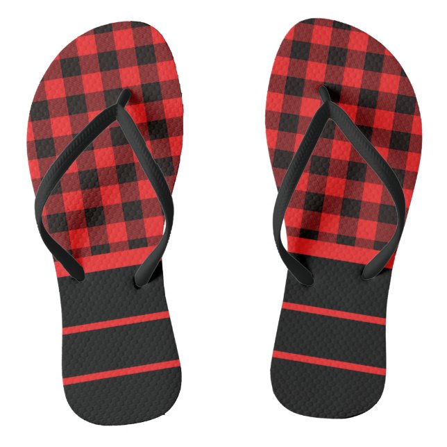 Red Black Buffalo Checks & Horizontal Stripes Jandals (Footbed)
