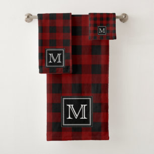 Red   Black Buffalo Checks Pattern Monogram Bath T Bath Towel Set