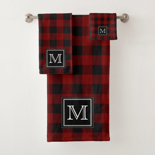 Red | Black Buffalo Checks Pattern Monogram Bath T Towel Set (Insitu)
