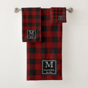 Red Black Buffalo Checks Pattern Monogram Name Yr  Bath Towel Set
