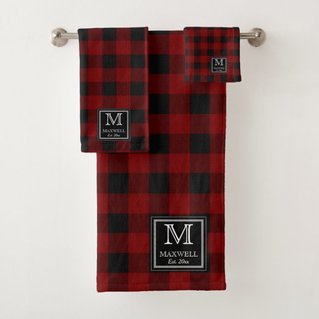 Red Black Buffalo Checks Pattern Monogram Name Yr  Bath Towel Set (Insitu)
