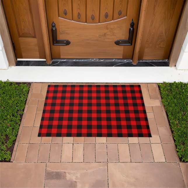 Red Black Buffalo Lumberjack Check Plaid Pattern Doormat (Outdoor)