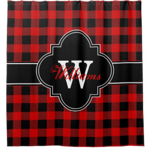 Red Black Buffalo Plaid 1IRQ Monogram Shower Curtain