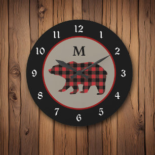Red Black Buffalo Plaid Bear Monogram Round Clock