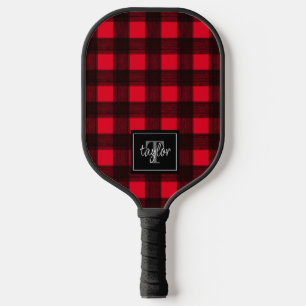 Red & Black Buffalo Plaid Check Monogram Initial Pickleball Paddle