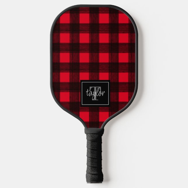 Red & Black Buffalo Plaid Check Monogram Initial Pickleball Paddle (Front)