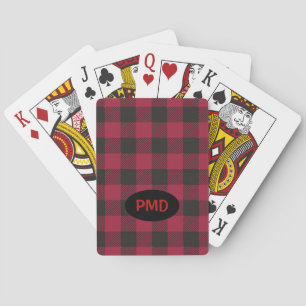 Red Black Buffalo Plaid Check Monogram Initials Playing Cards