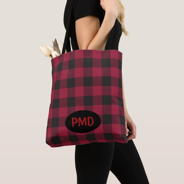Red Black Buffalo Plaid Check Monogram Initials Tote Bag (Close Up)