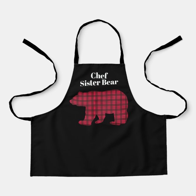 Red Black Buffalo Plaid Chef Sister Bear Apron (Front)