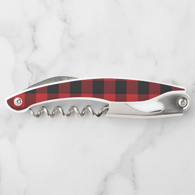 Red & Black Buffalo Plaid Chequered Squares Rustic Corkscrew (Back)