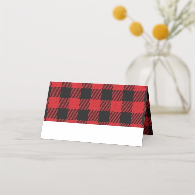 Red Black Buffalo Plaid Christmas Holiday Place Card (Front)