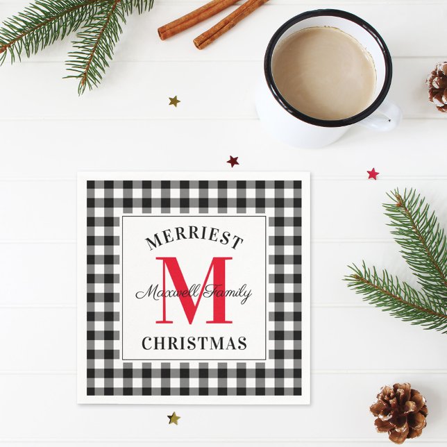Red Black Buffalo Plaid Christmas Monogram Napkin (Creator Uploaded)