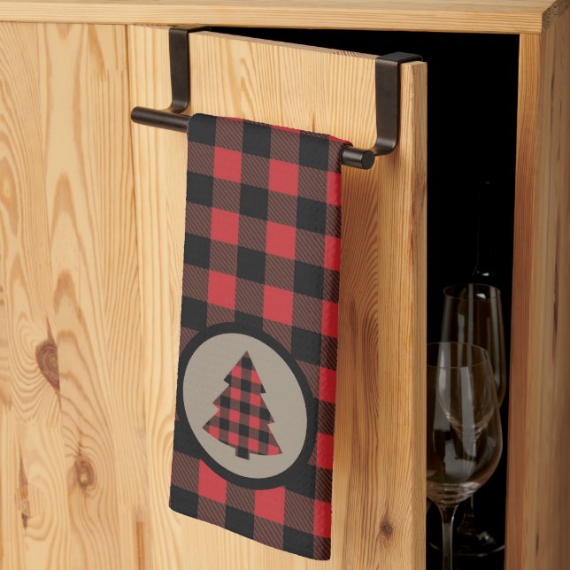 Red Black Buffalo Plaid Christmas Tree Tea Towel (Thirds Fold)