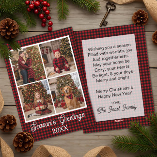 Red & Black Buffalo Plaid Custom Name and Text Holiday Card