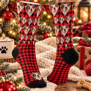 Red Black Buffalo Plaid Custom Pet Photo Name Socks