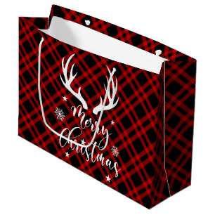 Red Black Buffalo Plaid Deer Antlers Christmas Large Gift Bag