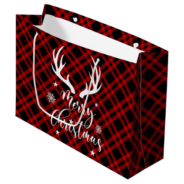 Red Black Buffalo Plaid Deer Antlers Christmas Large Gift Bag (Front Angled)