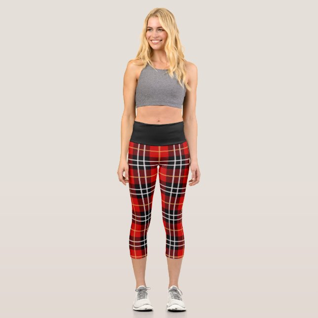 Red Black Buffalo Plaid Design High Waisted Capris (Front)