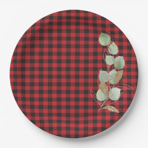 Red Black Buffalo Plaid Glitter Sage Botanical Paper Plate