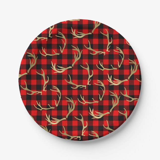 Red & Black Buffalo Plaid & Gold Deer Antlers Paper Plate (Front)